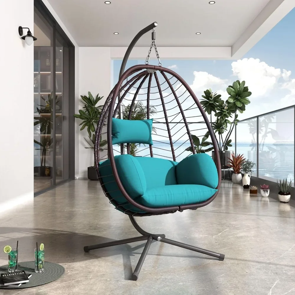 

350lbs Capacity Hanging Egg Chair with Stand Outdoor,Patio Rattan Wicker Swing Egg Chair with UV Resistant Cushions
