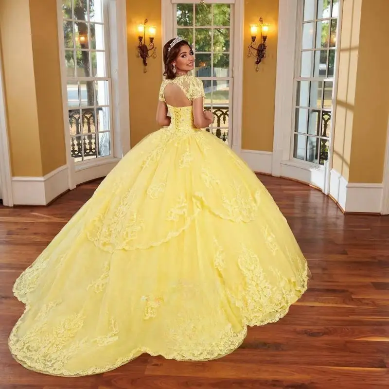 Princess Sweetheart Quinceanera Dresses for Girls Lace Appliques Glitter Detachable Sleeves Robe Princess Bleu Femme