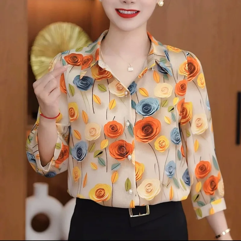 Spring Autumn Long Sleeve Button Up Cardigan Women\'s Clothing Turn-down Collar Casual Plant&Flowers Printing Shirt Elegant Tops