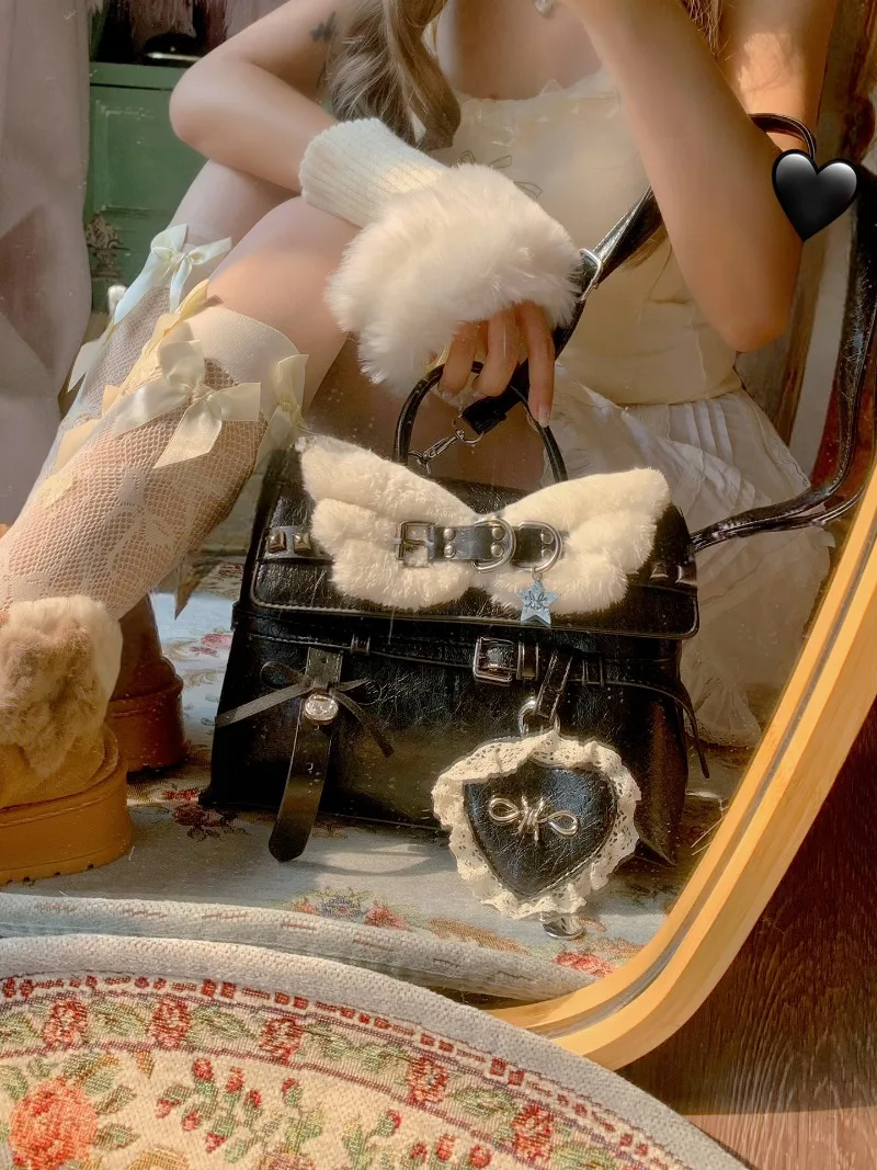 Japanese Rojita Y2k Plush Wings Lace Heart Metal Style Single Shoulder Bag Cute Sweet Cool Black White Color Block Shopping Bags