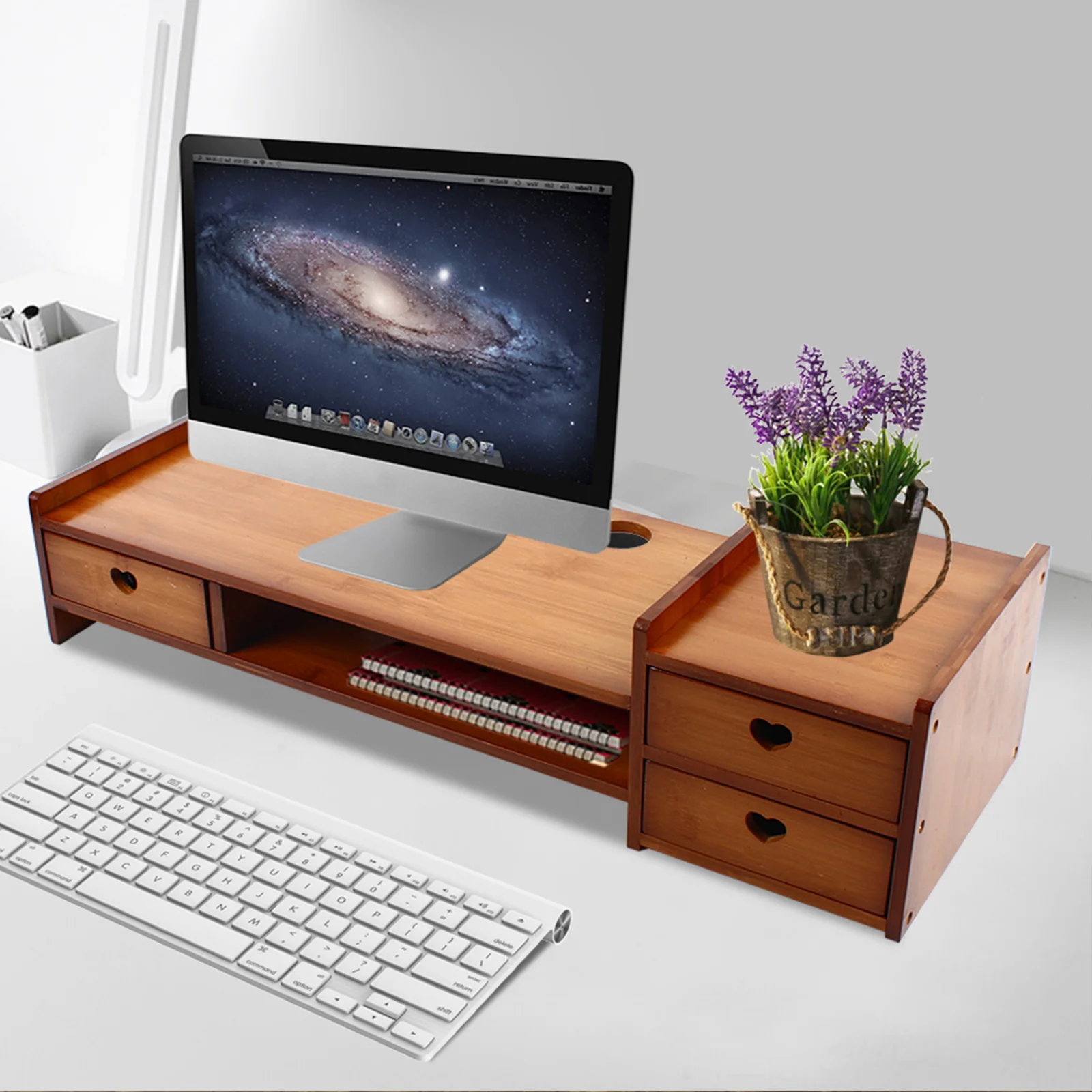 Monitor Stand Riser 2-Tier Bamboo Wood Computer Monitor Riser Stand Desktop Organizer Stand with Storage Drawer Laptop Monitor