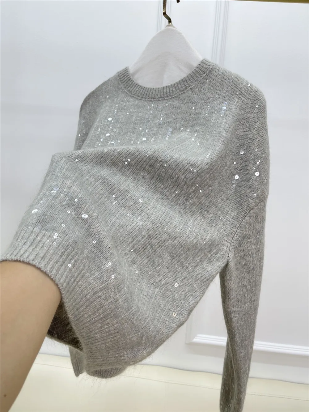 Women\'s Sequined Mohair Wool Blended Pullover Sweater, Casual Loose Long Sleeve Top, Exquisite, New