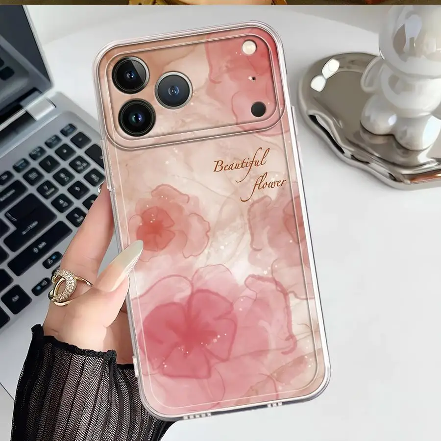 เคสโทรศัพท์แบบนิ่มสำหรับ iPhone 16e 13 12 11 Pro MAX XR 12 Mini 16 15 14 Plus 7 8 17 ลายดอกไม้ลายหินอ่อนแบบหมึกซึม