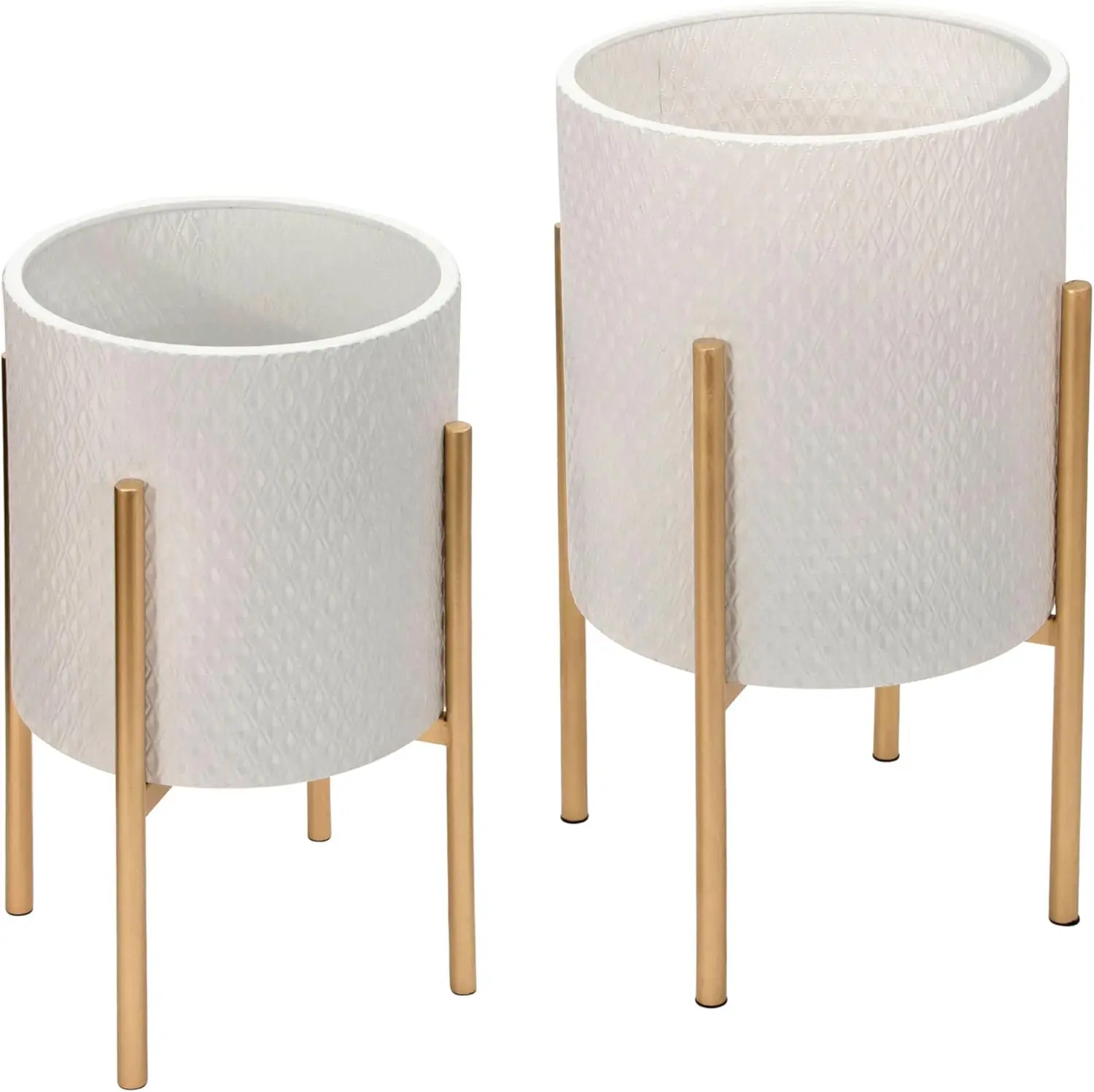 

Set of 2 White & Gold Planters with Stands, 19" & 23" Tall for Indoor/Outdoor Decor