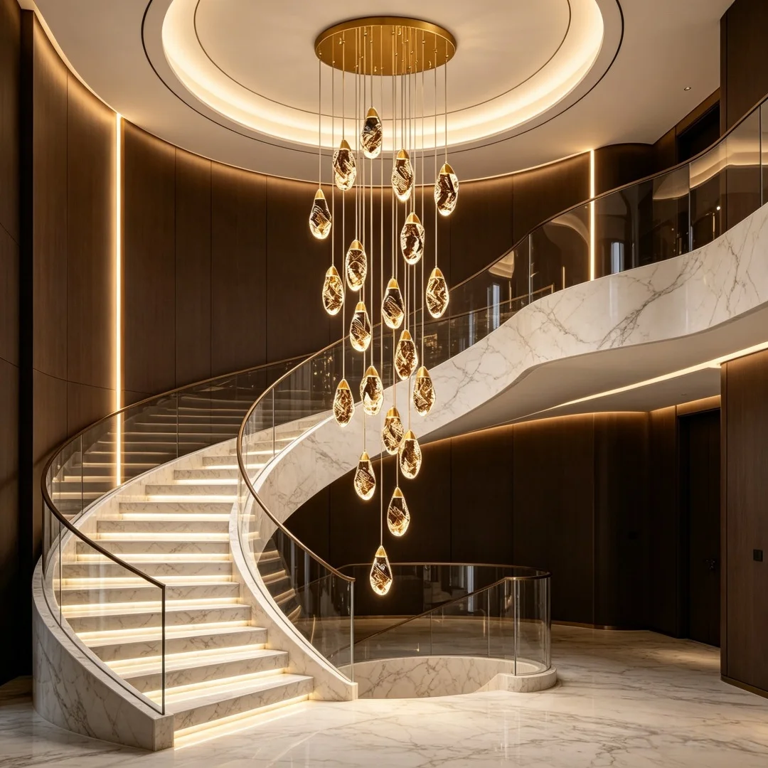 Modern Light Luxury Spiral Stair Chandelier, LED Creative Pendant Lamp for Loft Apartment Villa Duplex Indoor Home Decor Light