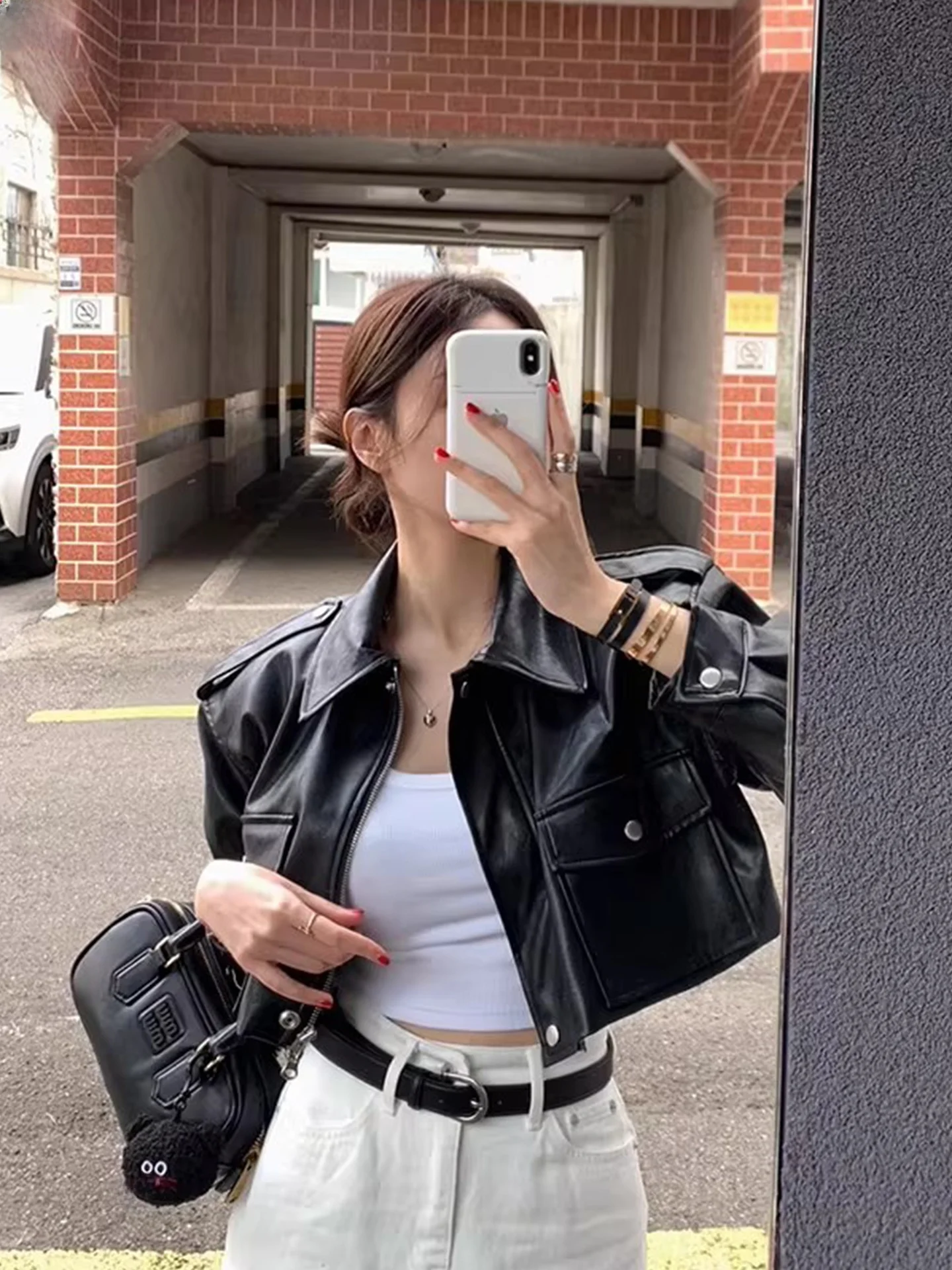 

Женская кожаная куртка Ele Bla с воротником на молнии и длинными рукавами, новая модель для ранней весны, свободный крой, универсальная верхняя одежда