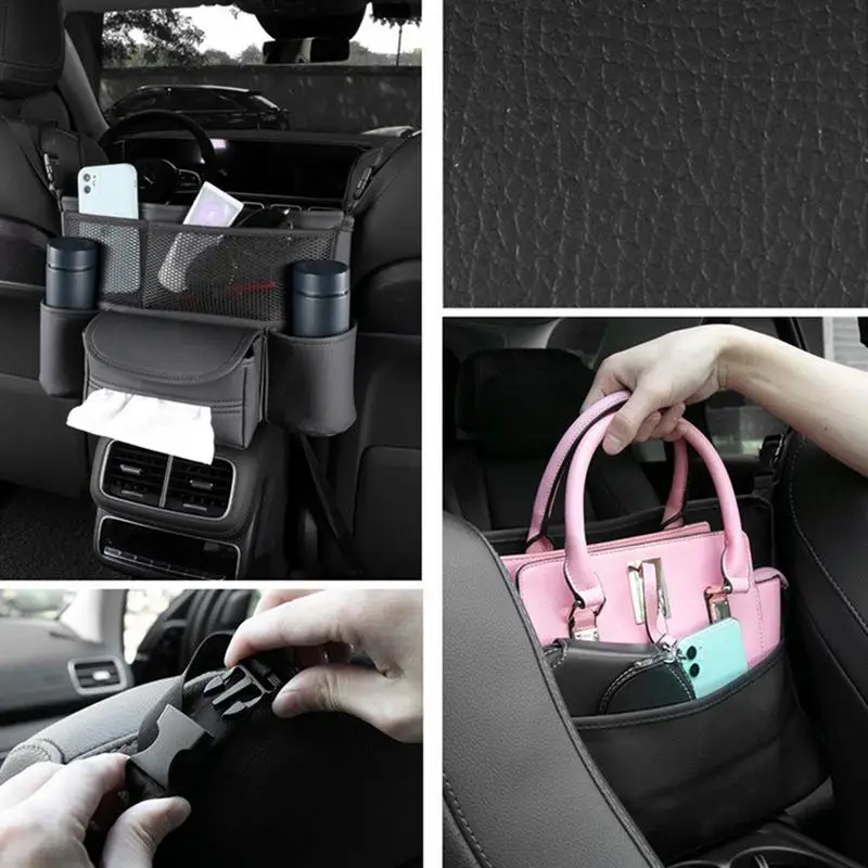 Car Handbag Holder Between Seats Multifunctional PU Leather Handbag Holder Net Pocket Between Seats Large Capacity Car Pocket