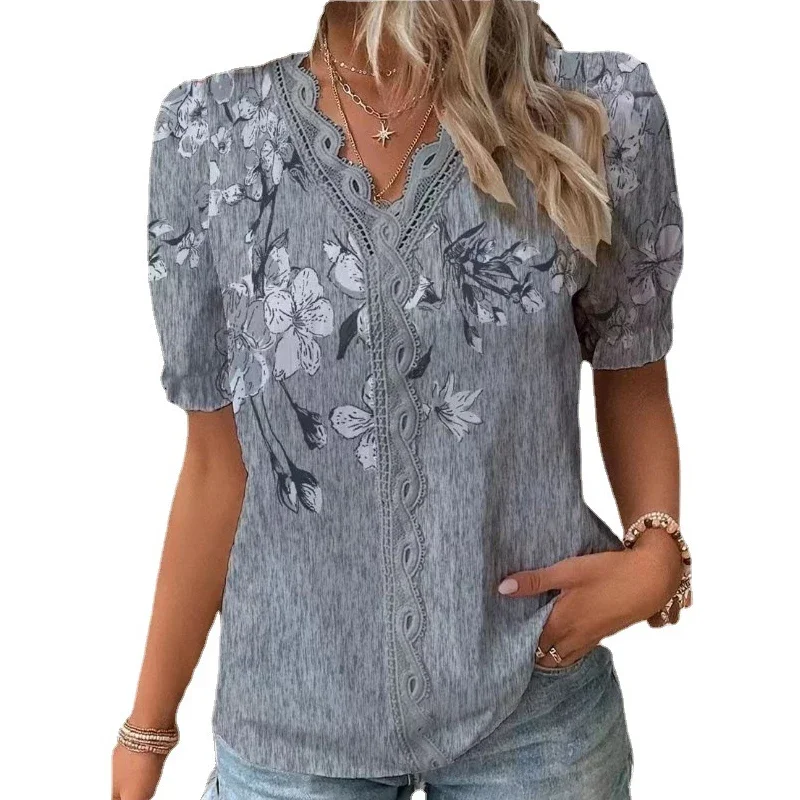 Elegant Women\'s Blouse 2024 Summer V-neck Flower Printed Lace Blouses Casual Vintage Patchwork Shirt Short Sleeve Tops Clothes