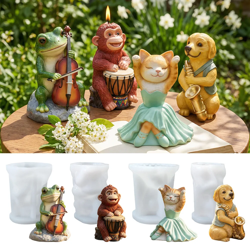 

3D Cartoon Animal Band Silicone Candle Mold Handmade DIY Dancing Cat Drumming Monkey Dog Gypsum Resin Mold Toy Decoration