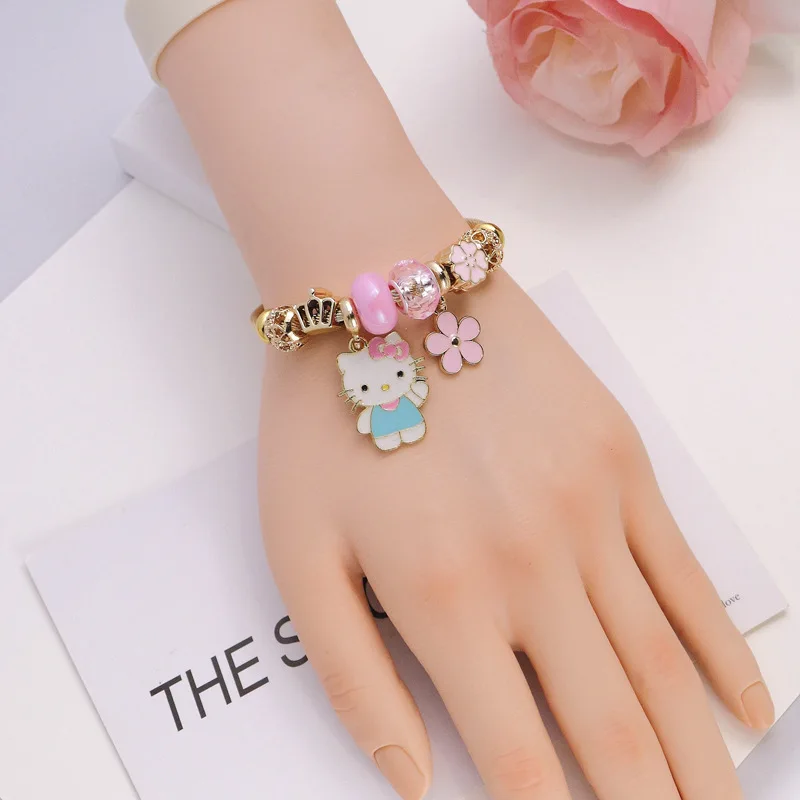 Creative Cartoon Cute Hello Kitty Flower Beads Charms Bracelets for Women Girls Stainless Steel Bangles Accessories Jewlery