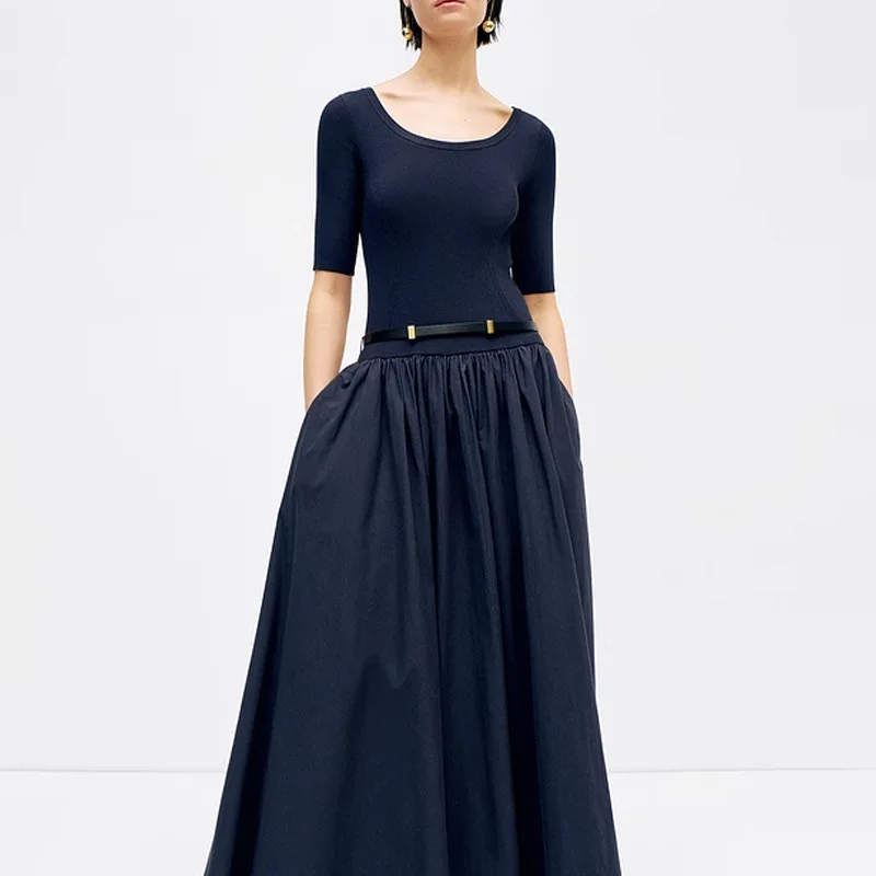 

Latest Summer Women Dress Trendy Office Wear Knit And Fabric Mix French Elegance Flared Midi Skirt Stylish Comfortable Casual