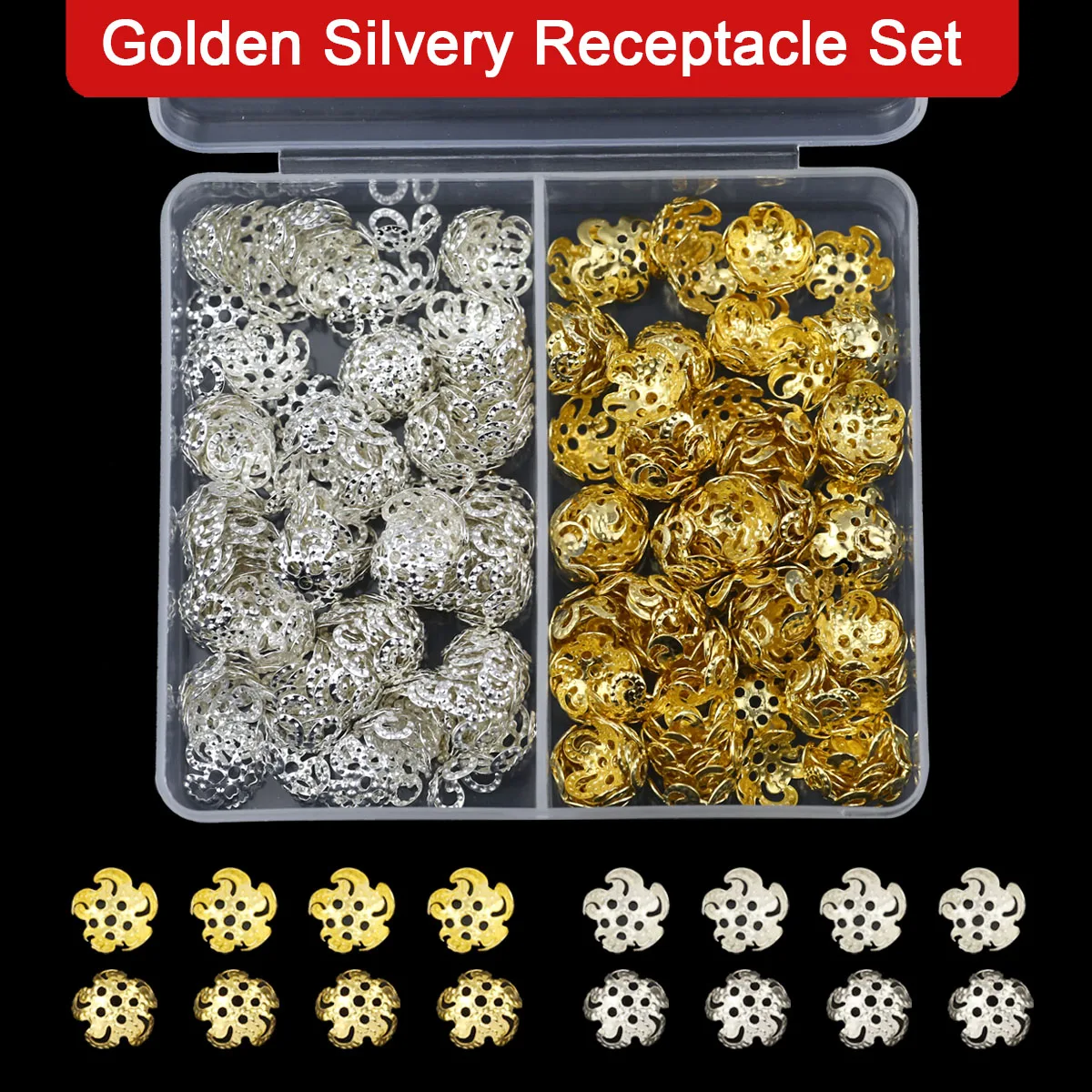 1 Box 200pcs 8mm Alloy Hollow Flower Bead Caps Five Petal Spacer Beads For DIY Jewelry Making Bracelets Necklaces Golden Silvery