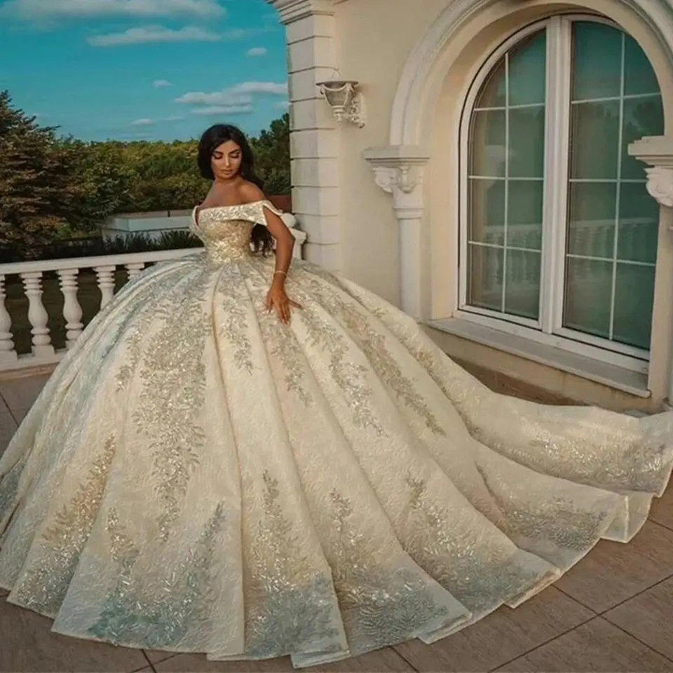 Luxury Princess Glitter Sequins Ball Gown Off Shoulder Wedding Dresses 2026 Lace Appliques Bridal Gowns Illusion Robe De Mariee