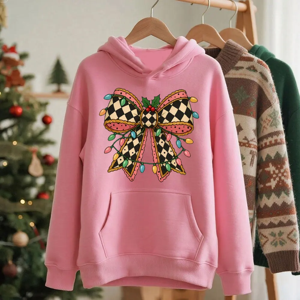 

Клетчатая толстовка с рождественским бантом, рождественские огни, бант, сублимационный пуловер с бантом, зимняя толстовка с Рождеством для женщин