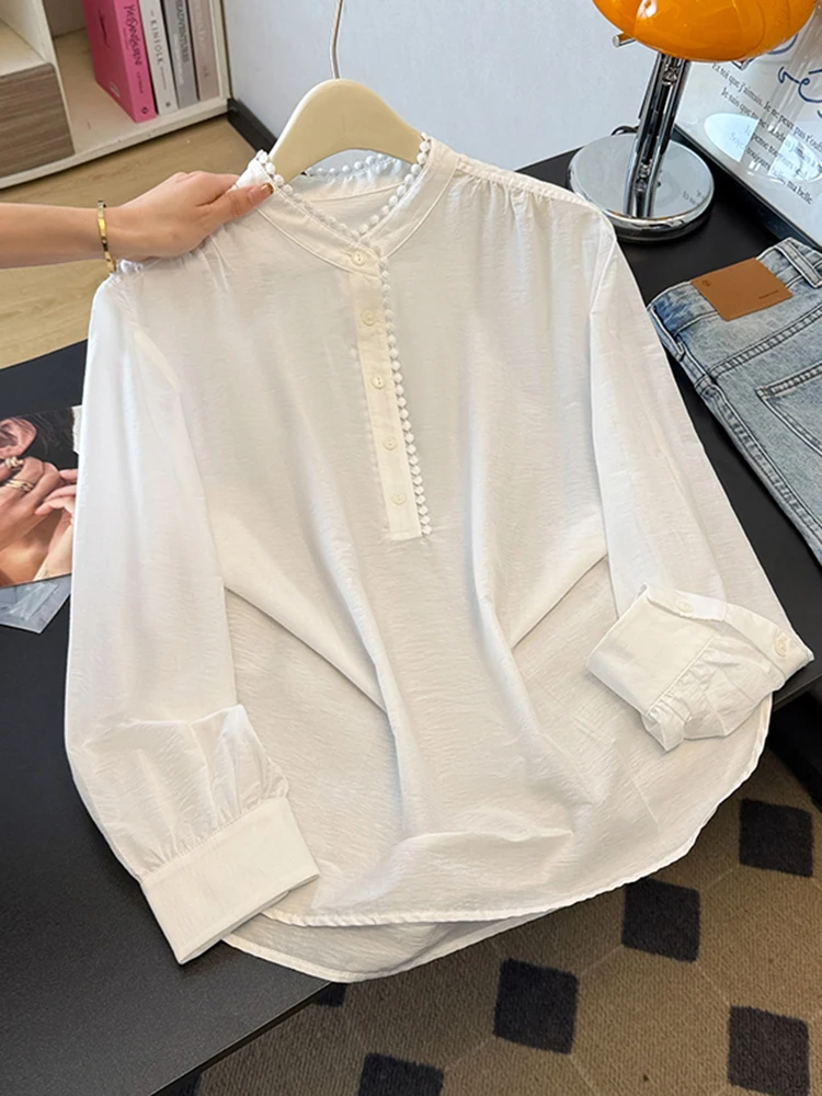 

Весенняя коллекция 2026: Модная блузка с рюшами и рукавами-фонариками, свободного кроя, для стройности, винтажный стиль, круглый вырез, длинный рукав, цветная