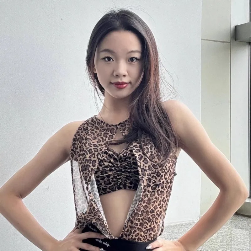 

Customized Latin Dance Dress Practice Outfit Performance Suit Leopard Print Suspender Cover Up Half Skirt Samba Cha Cha Salsa