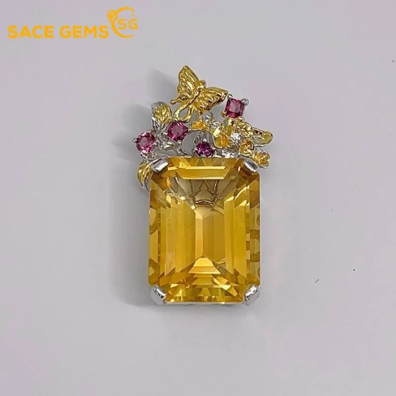 

SACEGEMS 925 Sterling Silver Certified 15*20MM Natual Citrine Pendant Necklaces for Womne Engagement Cocktail Party Fine Jewelry