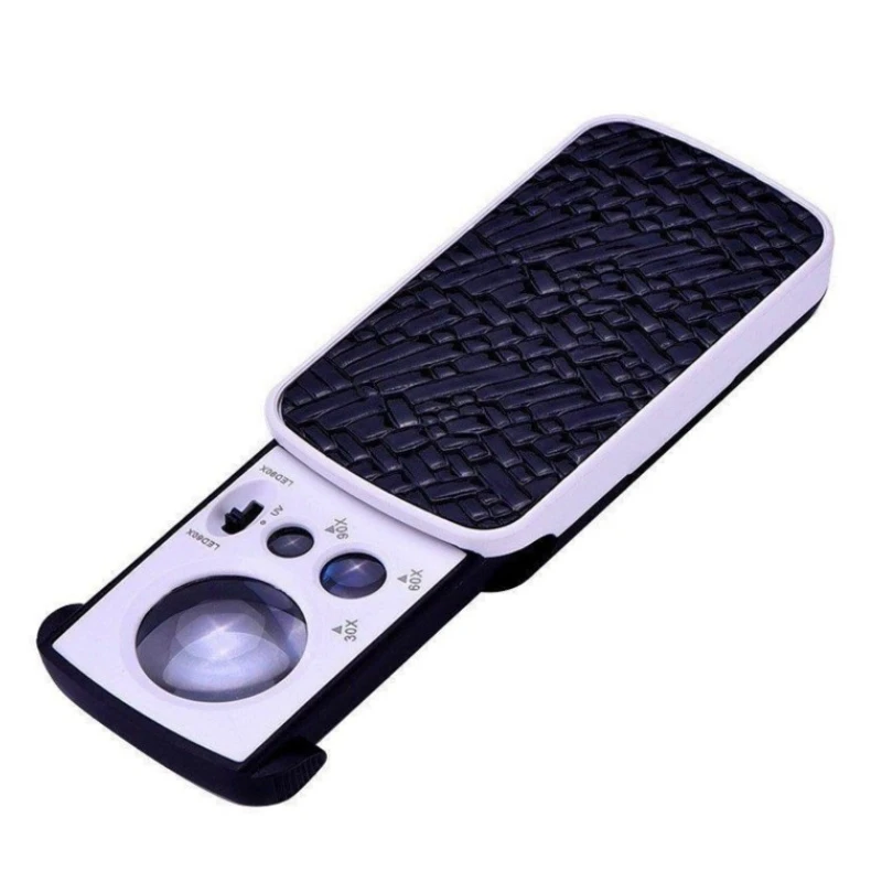 Magnifieris used to identify antique stamps,jewelrydiamonds,feather beans,30X,60X,90X,with LED UV light folding magnifying glass