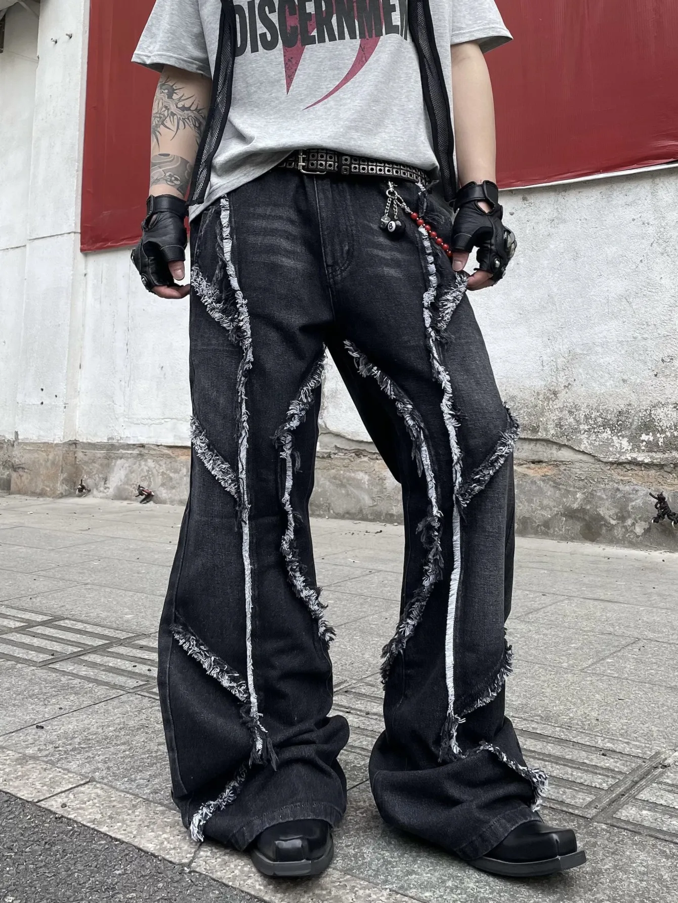 Men's Jeans Streetwear Y2K Wide Pants For Men, Baggy Vintage Frayed Edge Patchwork Versatile Men's Denim Trousers, All Seasons