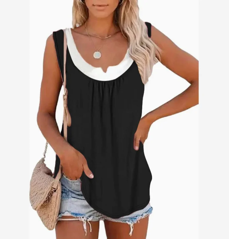 

Летняя женская блузка без рукавов, плиссированный жилет, футболка, новый однотонный лоскутный цвет