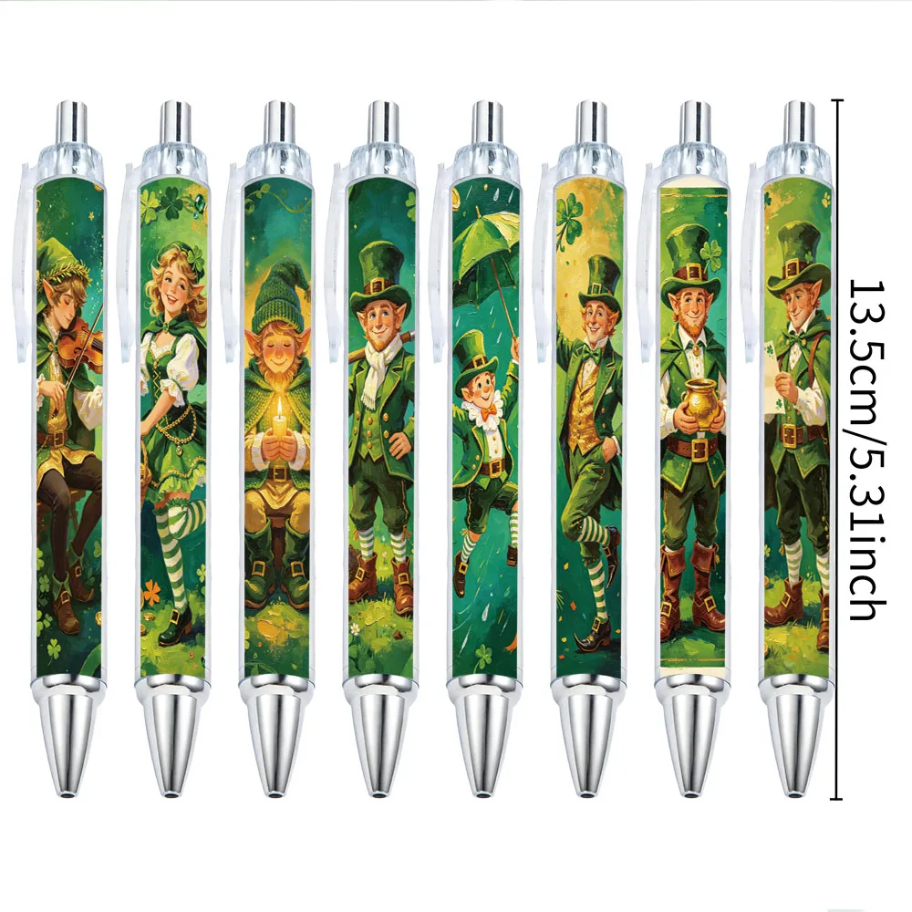 8Pcs St. Patrick's Elf Themed Retractable Ballpoint Pens for Students and Office Use, with Random Designs