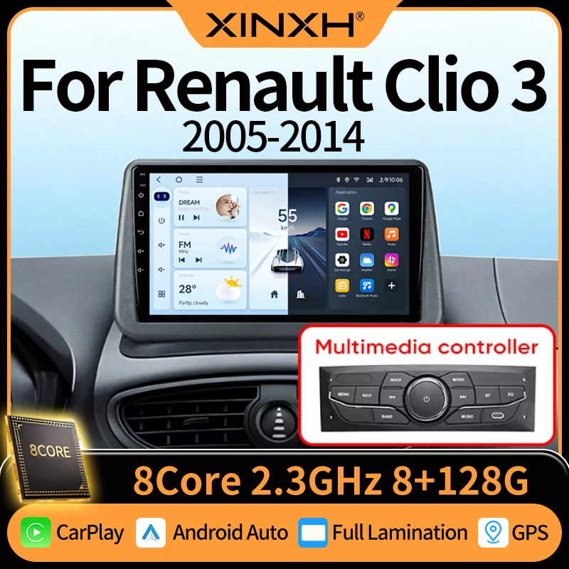 CarPlay Android Auto Car Stereo Radio for Renault Clio 3 2005-2014 Double DIN 4G LTE WiFi Multimedia Car Audio Player