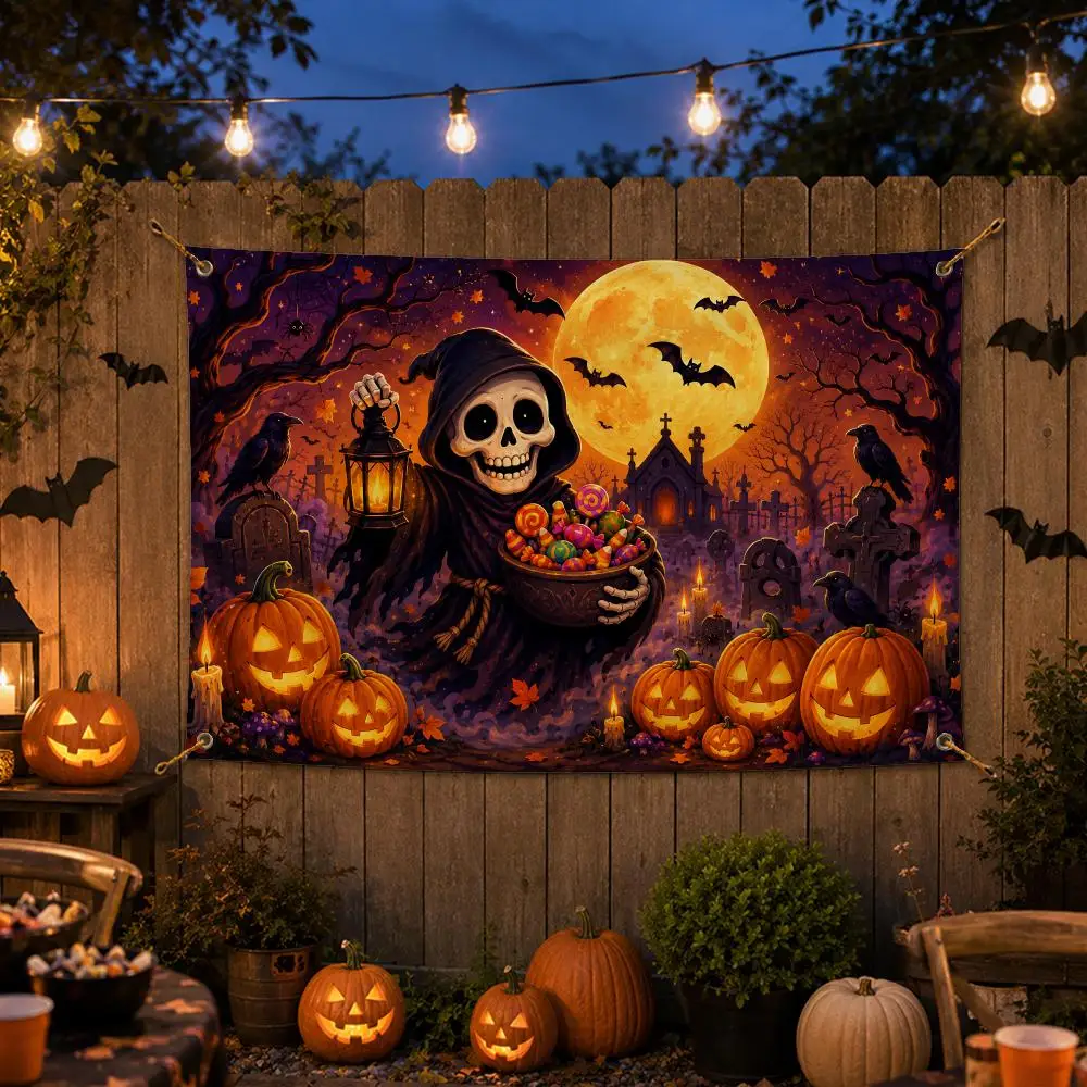 Cartoon Halloween Characters Flags Spooky Halloween Wall Hanging Banner Washable Fade‑Resistant Indoor Outdoor Party Decor