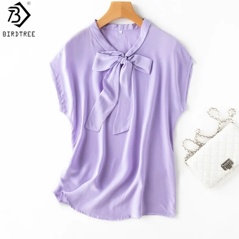 

Рубашка Birdtree из 100% тутового шелка фиолетового цвета, женская свободная блузка из двойного крепа с короткими рукавами и бантом T59230JF