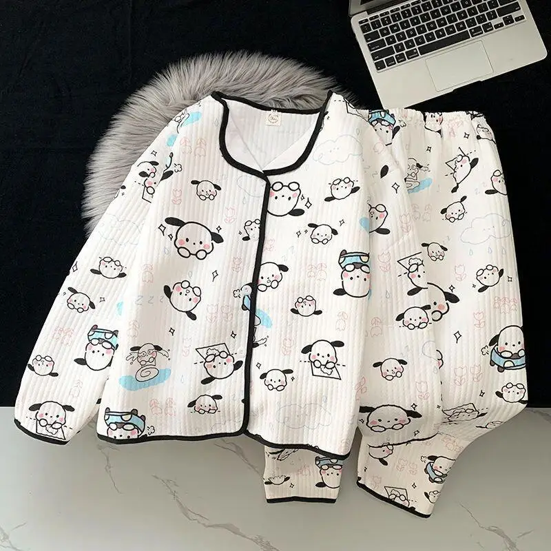 

Sanrio Pochacco, весенне-зимние пижамы для девочек, теплая плотная хлопковая пижама с длинными рукавами и героями мультфильмов, милая домашняя одежда для детей, кавайная одежда для сна