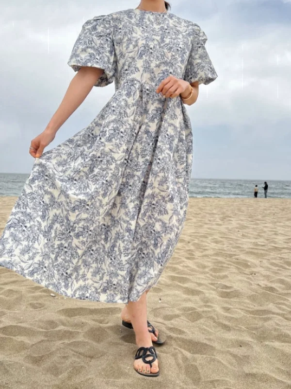 Casual Travel Floral Pleated Skirt Dress A-Line Maxi Skirt Double Layer Bell Sleeve Anti-Aging Color Block Korean Style Dress