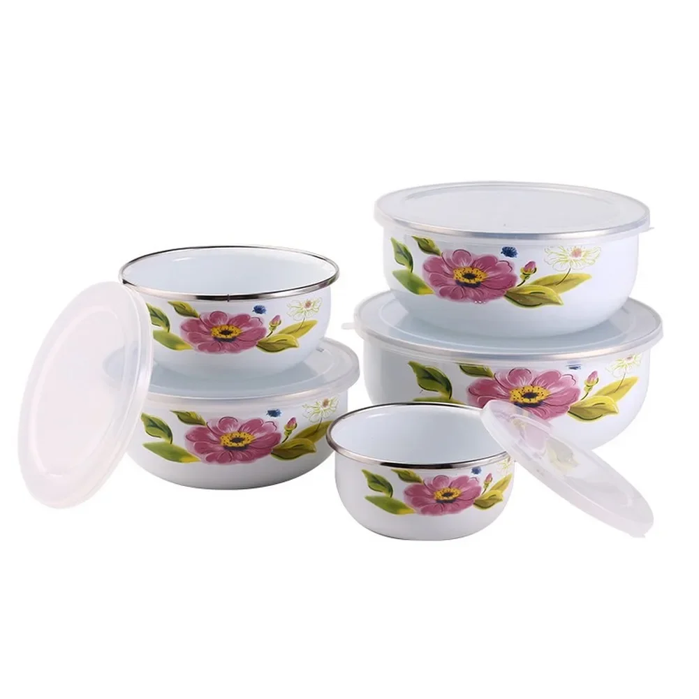 5Pcs/ enamel bowl Set Creative Flower Animal Enamel Bowls Salad Food Bowls with Plastic Covers for Home Kitchen ceramic bowl