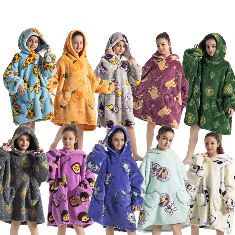 Oversized Flannel Blanket with Sleeves Winter Warm Hoodie Sweatshirt Women Men Pullover Kids Baby Fleece Giant TV Hooded Blanket