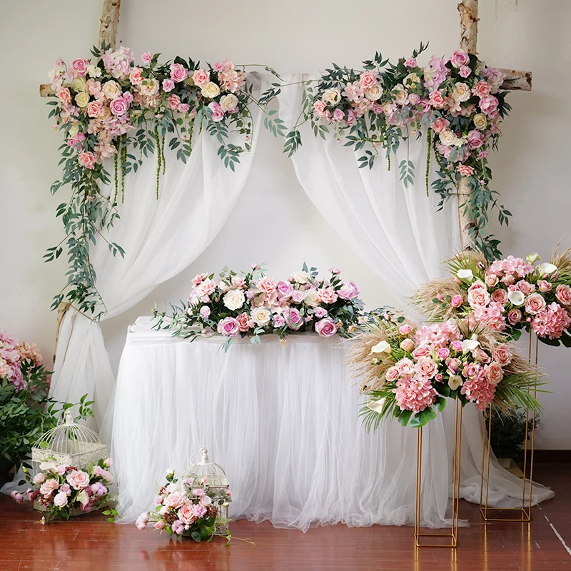 

Wedding home party stage artificial silk fake flowers table backdrop arch stand decorative floral row background decoration