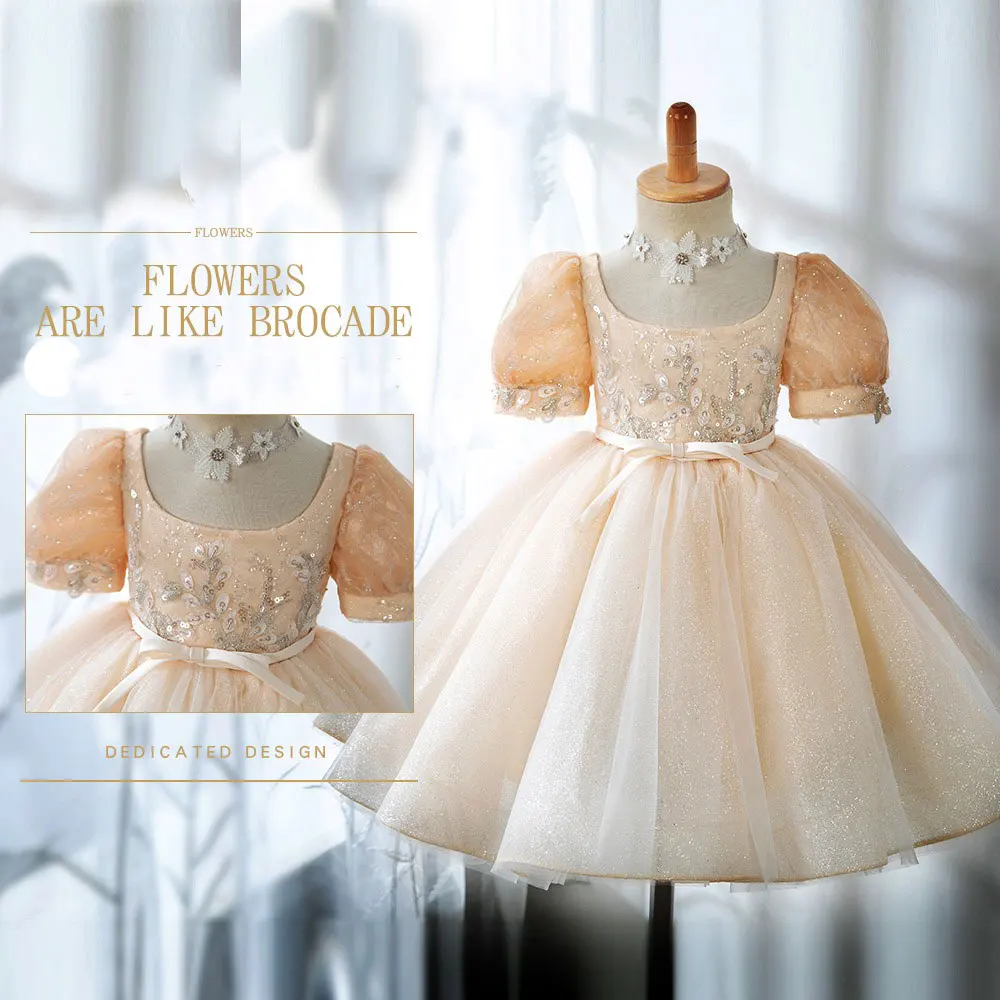 

Jill Wish Champagne Square Collar Baby Girl Dresses Arabic Beading Sequined Princess Gown for Birthday Wedding Party Show J405