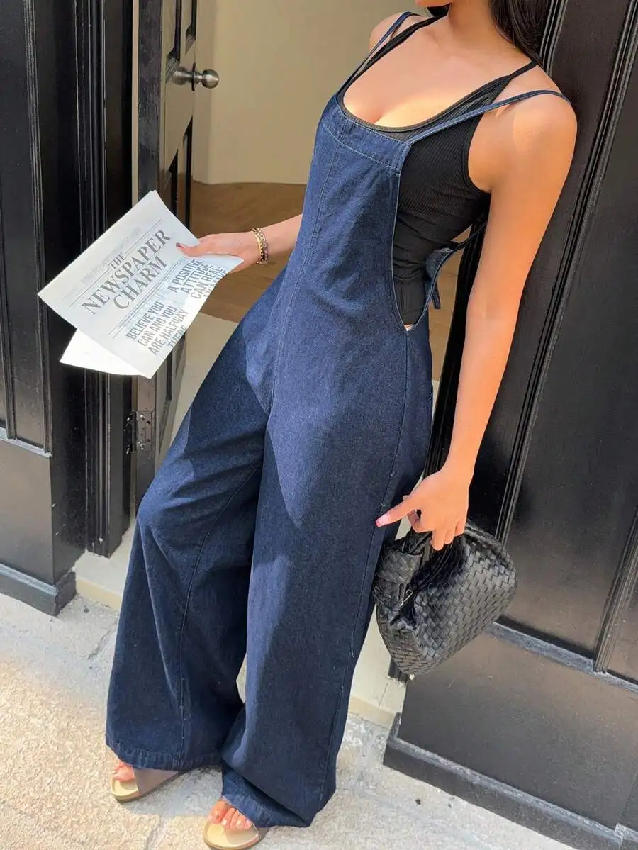 

Womens Casual Loose Fit Denim Bib Jumpsuit Blue
