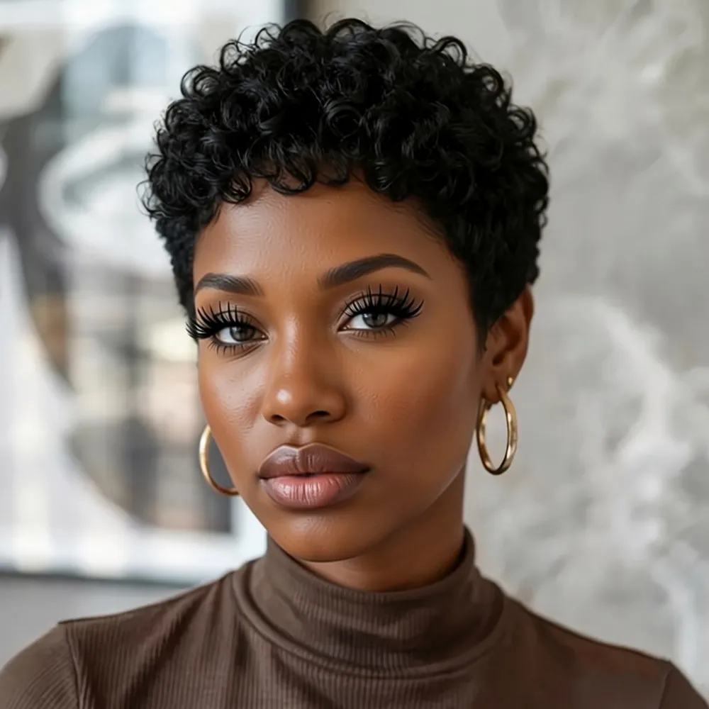 

Короткий кудрявый парик из натуральных волос в стиле пикси, короткий афро-парик из натуральных волос, 4 дюйма, черный цвет, 150% плотность, волосы реми, машинная работа.