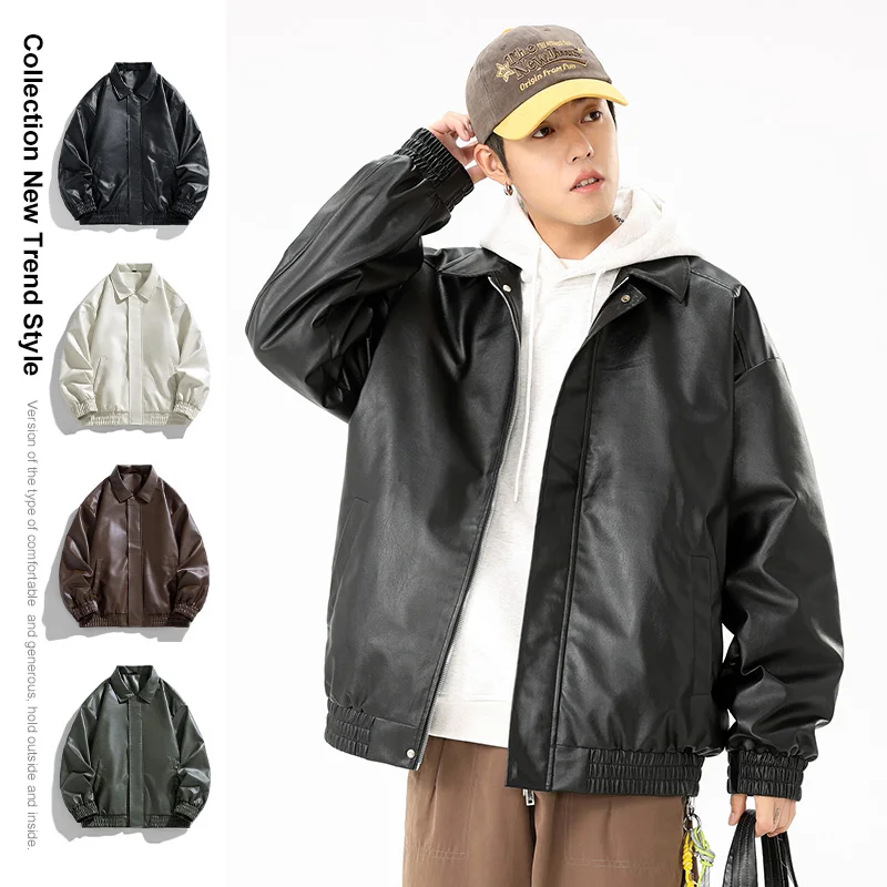 

Personalized Style Leather Jacket Men's Solid Color Lapel Jacket Men's Hong Kong Style Jacket Youth Trendy Autumn Brand Top