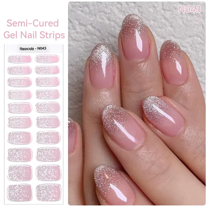 4pcs/set Gradient Jelly Semi Cured Gel Nail Strips with Nail Lamp Nude Pink Waterproof Nail Stickers Long Lasting Wrap