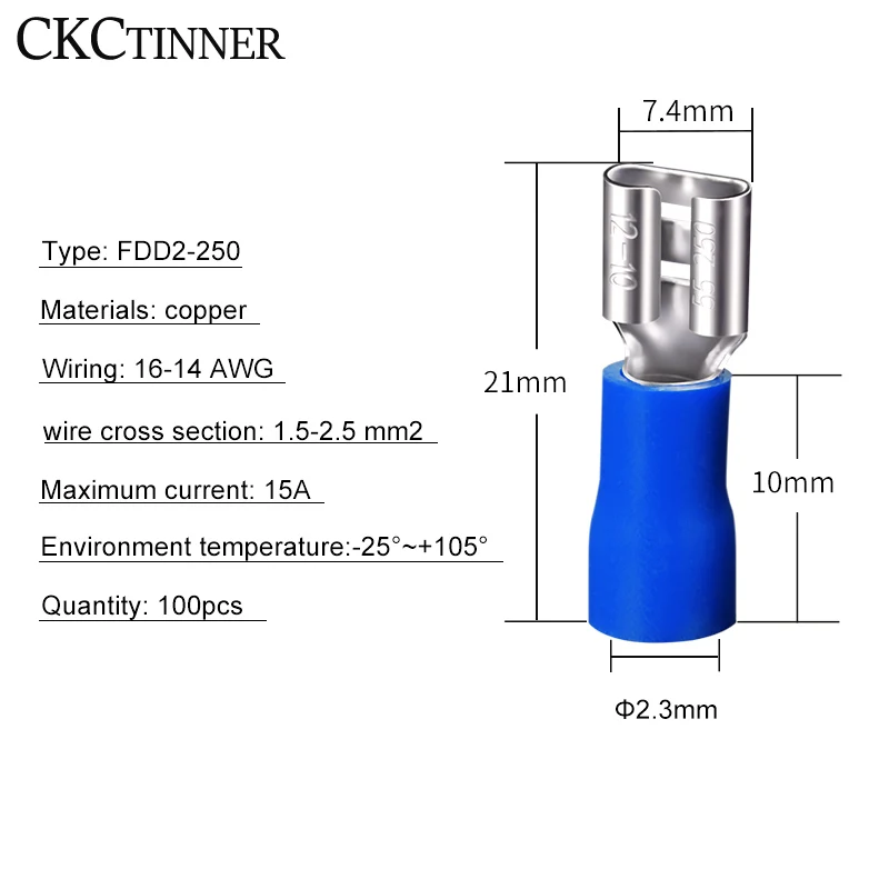 100pcs / pack FDD2-250 FDD female insulated electrical Crimp Terminal for 1.5-2.5mm2 Cable connectors Cable connector