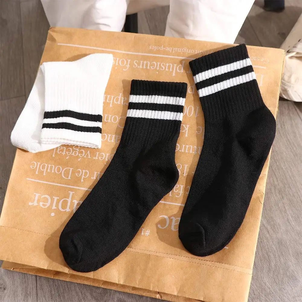 Japanese Warm Two Bar Unisex Striped Cotton Female Socks Casual Hosiery Middle Tube Hosiery Korean Style Socks