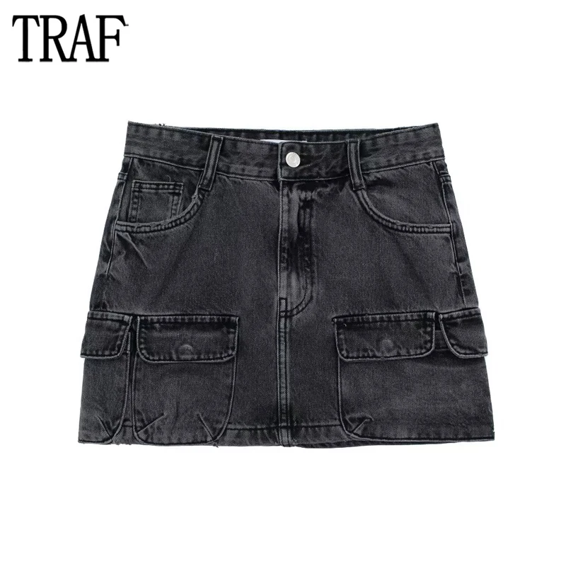 

TRAF 2023 Denim Cargo Skirt Women Jeans Mini Skirts for Women Button Mid Waist Woman Skirt Autumn Basic Short Women's Skirts