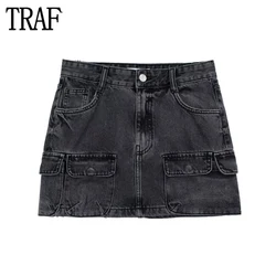 TRAF 2023 Denim Cargo Skirt Women Jeans Mini Skirts for Women Button Mid Waist Woman Skirt Autumn Basic Short Women's Skirts