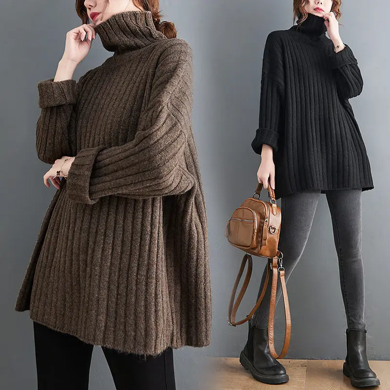 

Large Size Women's Clothes Korean Fashion All-Match Lazy Wind High-Neck Loose Knitted Bottoming Shirt Warm Sweater Pullover T015