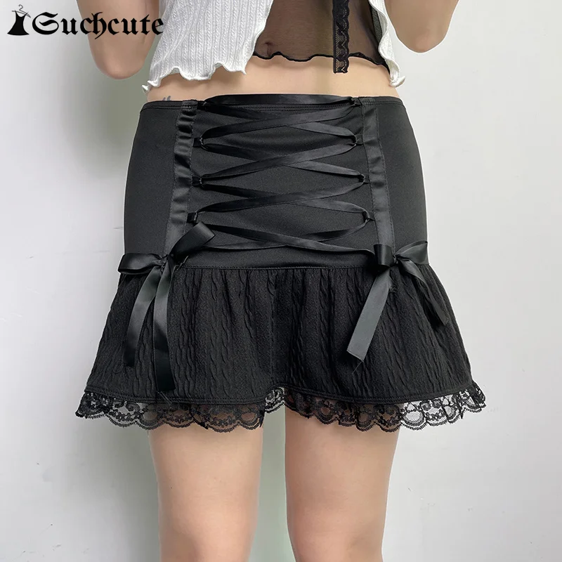 

SUCHCUTE Dark Academia Gothic Pleated Skirt Women Bow Lace Up Bandage Knitted Mini Skirt Grunge Low Rise Patchwork A-line Skirts