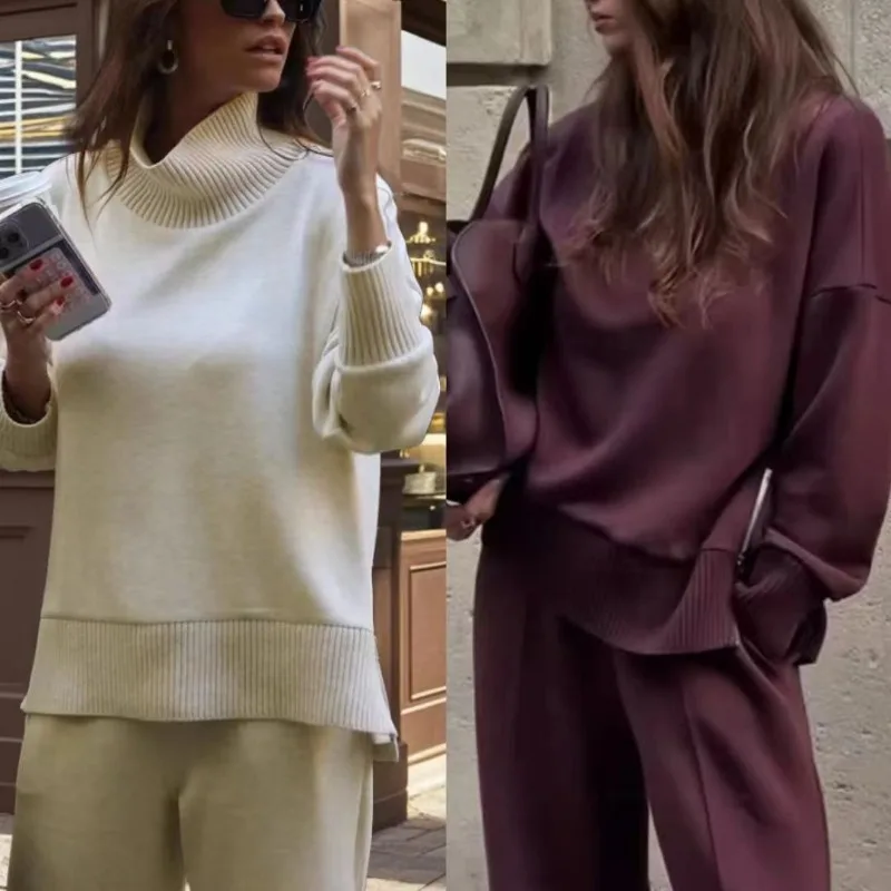 ربيع الخريف فضفاض البلوز غير رسمي مجموعة 2 قطعة مجموعات الزي النسائي نصف عالية الرقبة طويلة الأكمام البلوز واسعة الساق السراويل العصرية #1