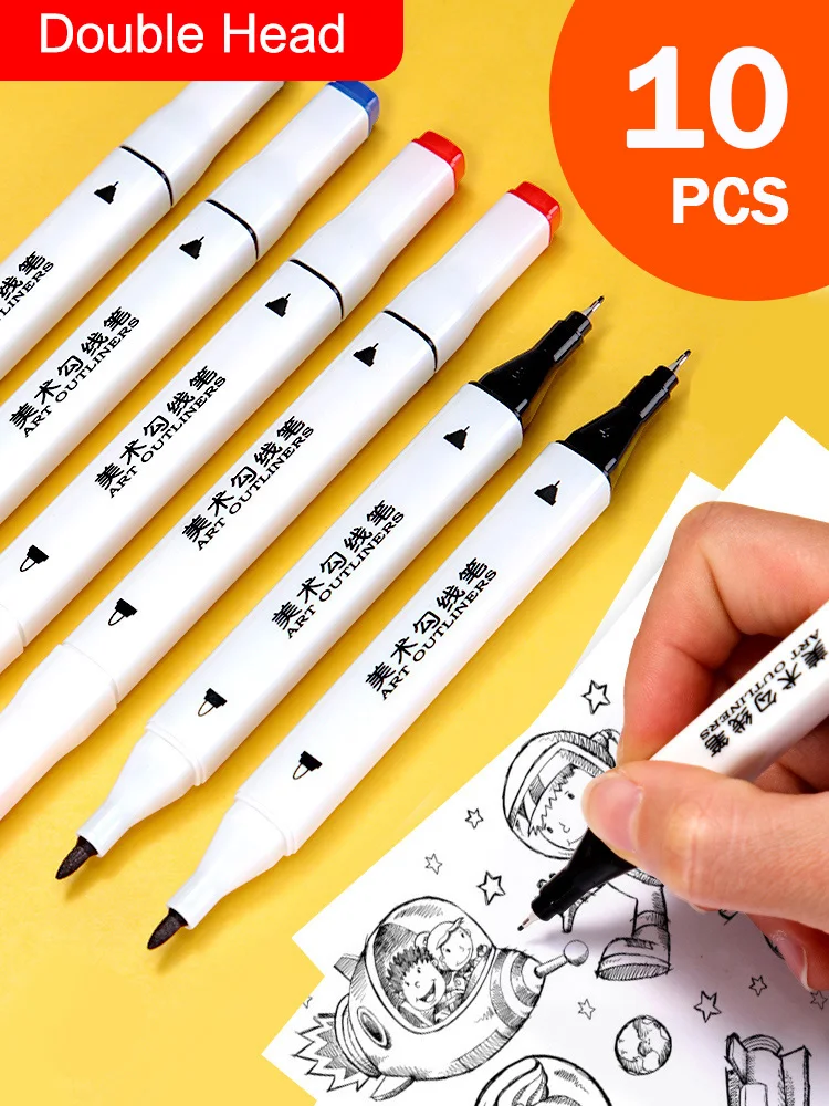 10 pcs/lot Twin Tip Permanent Marker Pen Art Outliners Fine Point Waterproof Ink Thin Nib Crude Nib 0.5mm-1.5mm Fine Color