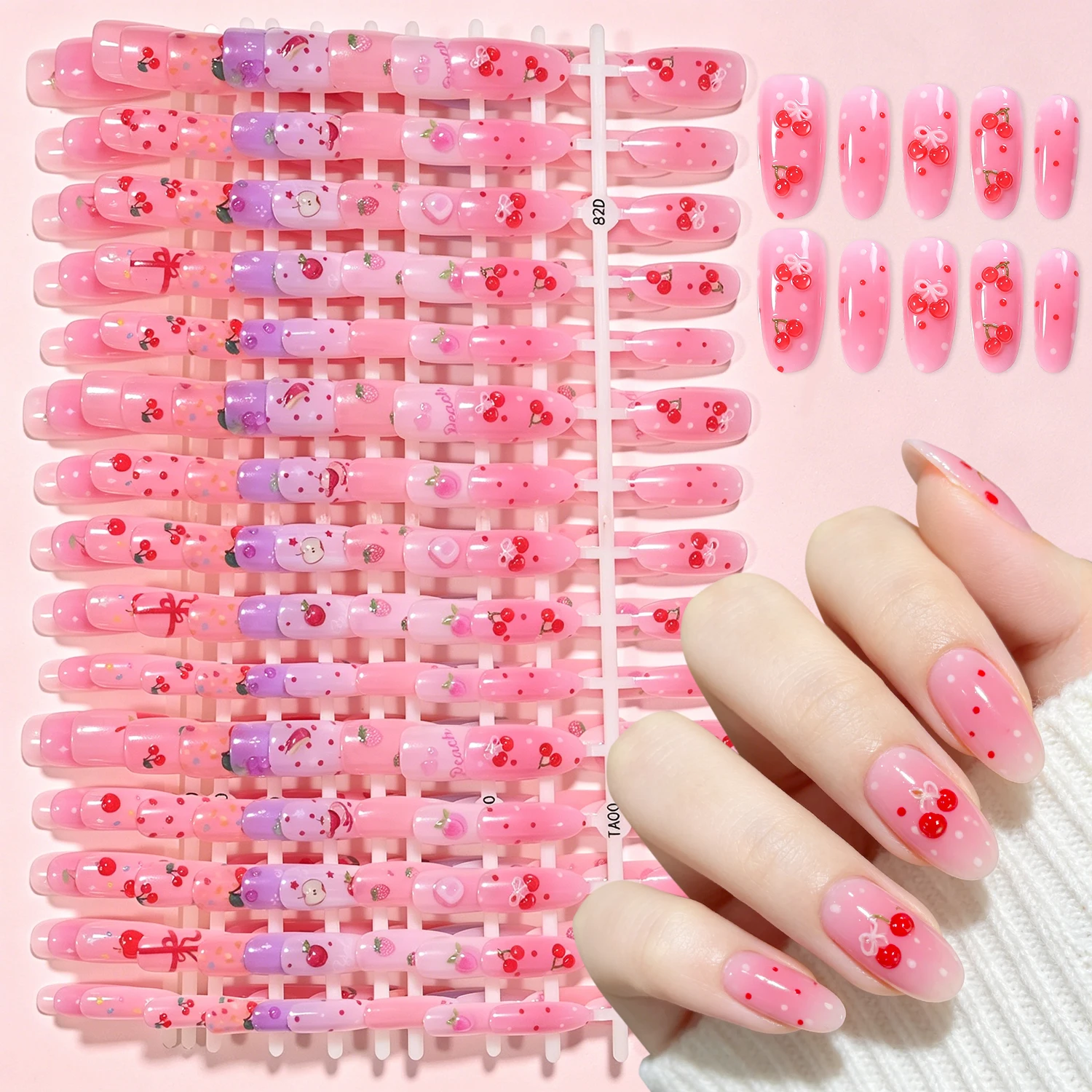 30Pcs Kawaii Red Pink Cherry Design Medium Almond False Nails Gradient Strawberry Peach Fruit Style Full Cover Fake Nail Tips