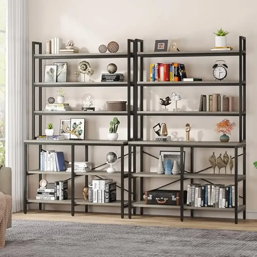 6-Tier Tall Industrial Bookshelf Set of 2 Rustic Book Shelf with X-Shaped Frame Living Room Bedroom Office Storage Stand