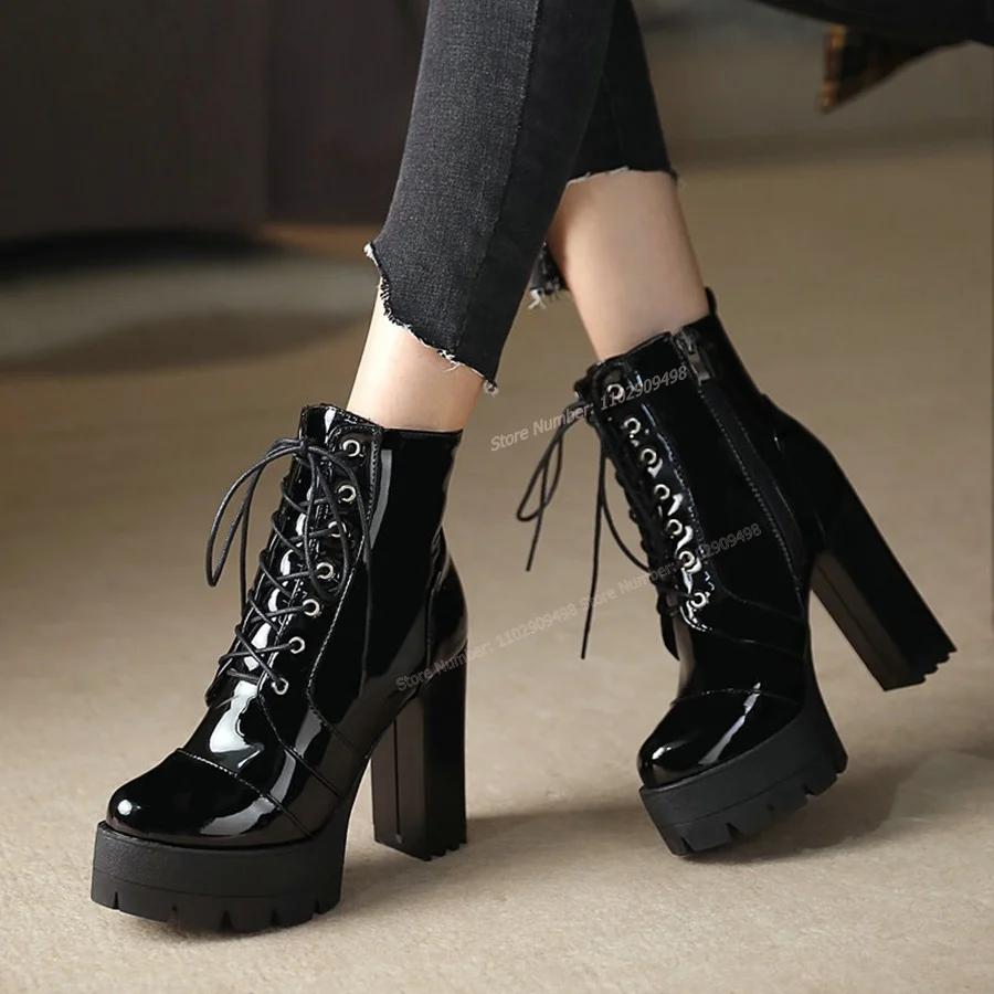 Black Patent Leather Ankle Boots Lace Up Round Toe Shoes for Women Platform Chunky High Heels Shoes 2023 Zapatos Para Mujere