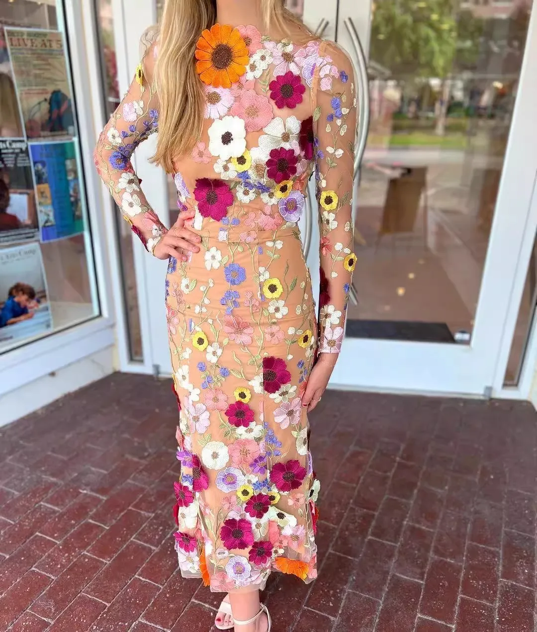 

Floral Embroidery Mesh Dress Women Streetwear Long Sleeve O-neck Elegant Clothing Lady Runway Design Vestidos Bodycon